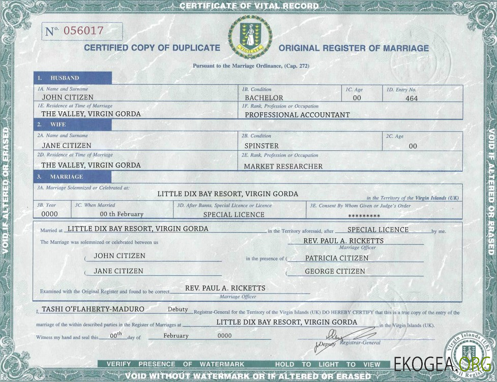 Modèle de certificat de mariage des îles Vierges britanniques au format PSD